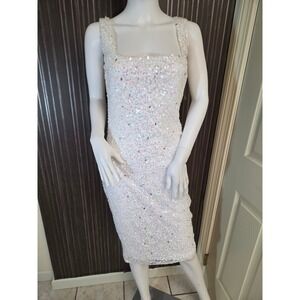 Goddiva London White Sequin Midi Dress Square Neck Sleeveless Sheath Size 10UK